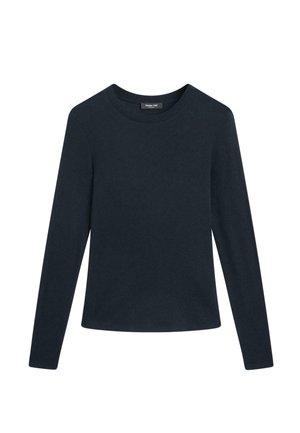 Tmavě modré bavlněné tričko s dlouhým rukávem, kulatým výstřihem a rovnýlem lemem, s jemnou texturou a minimalistickým designem.