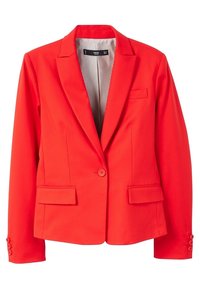 Červené sako z hladké látky, s jedním knoflíkem na zapínání, dvěma předními kapsami a třemi knoflíky na každém manžetu. Vnitřek se špendlíkovým vzorem.