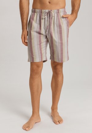 Striped swim shorts in light fabric featuring vertical lines in pink, yellow, and white. Elastic waistband with a drawstring; side pockets.