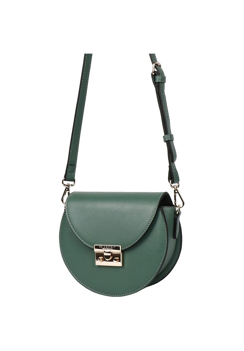 Borsa a tracolla in pelle verde con forma arrotondata, chiusura con patta, rifiniture in metallo dorato e tracolla regolabile. Texture liscia, design minimalista.