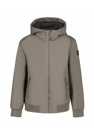 Giacca grigio chiaro con cappuccio, chiusura frontale con zip, tasche laterali, polsini a costine e tessuto liscio. Presenta dettagli neri sulle spalle.