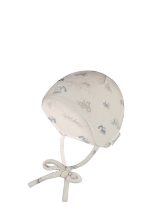 Baumwoll-Babykappe in Creme mit blauen Traktor- und Fahrzeugmustern, runde Form, Ohrenschützer und verstellbare Bindebänder für eine sichere Passform.