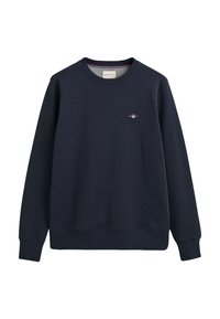 Marineblauwe sweatshirt van een katoenmix, met een geribde ronde hals, lange mouwen en een klein geborduurd logo op de borst.