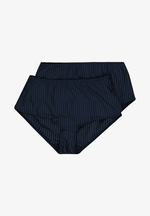 Braguitas de bikini para mujer en azul marino, con un patrón a rayas, cintura elástica y tejido suave. Conjunto de dos piezas apilado una encima de la otra.