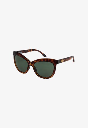 Lunettes de soleil écaille de tortue avec des verres verts foncés, monture en plastique, forme surdimensionnée en œil de chat, avec un logo sur les branches.