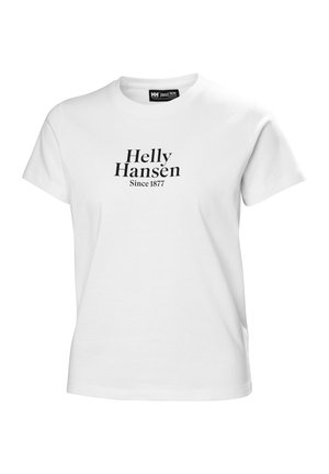 White cotton t-shirt featuring black text reading "Helly Hansen" and "Since 1877" on the front. Short sleeves, crew neck design.