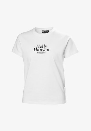 Camiseta blanca de algodón con texto negro que dice "Helly Hansen" y "Desde 1877" en el frente. Diseño de mangas cortas y cuello redondo.