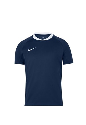 Navy blue short-sleeve sports shirt with white crew neck collar and white Nike swoosh logo on the right chest.
