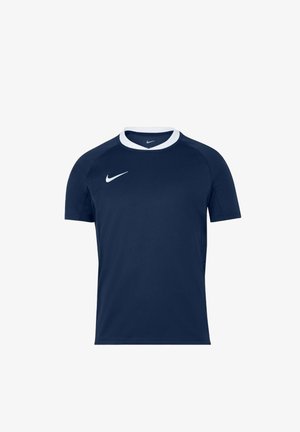Maglia sportiva blu navy a maniche corte con colletto a girocollo bianco e logo Nike swoosh bianco sul petto destro.