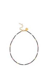 Collar de cuentas con cuentas de color marrón oscuro acentuadas con piedras semipreciosas de colores en rosa, verde, amarillo y lavanda. Cierre de tono dorado.