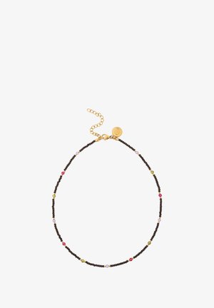 Perlehalskæde med mørkebrune perler fremhævet af farverige halvædelstene i pink, grøn, gul og lavendel. Lås i guldfarvet tone.