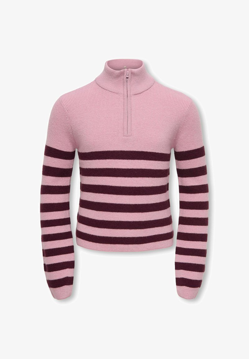 Pull en tricot rose avec des rayures horizontales violet foncé, un col montant et une courte fermeture éclair à l'avant.