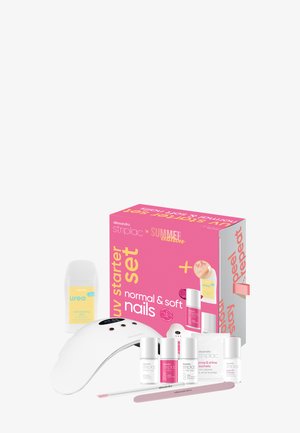 Ensemble de démarrage pour ongles UV avec bouteilles roses et blanches, lampe à ongles, lime à ongles et emballage étiqueté pour ongles normaux et doux.