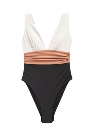 Jednoczęściowy kostium kąpielowy z głębokim dekoltem w serek, białym topem, brązową marszczoną talią i czarną dolną częścią.