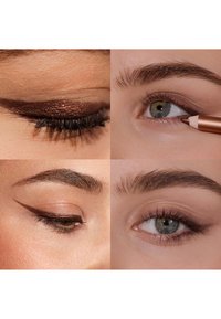 Ögonsminkning med mörkbrun metallisk ögonskugga, välformad eyeliner och naturliga fransar. Närbilder framhäver precision och textur.
