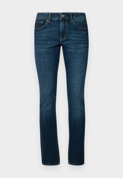 Dark blue denim jeans with a classic straight-leg fit, five-pocket design, and sturdy metal button closure at the waist.