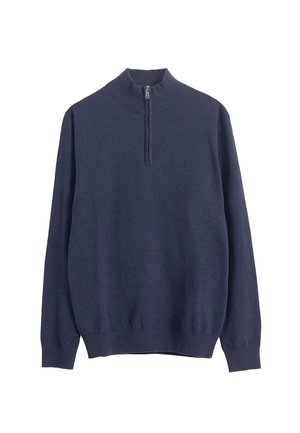 Suéter de manga larga azul marino con cremallera frontal hasta la mitad y cuello, puños y dobladillo acanalados.