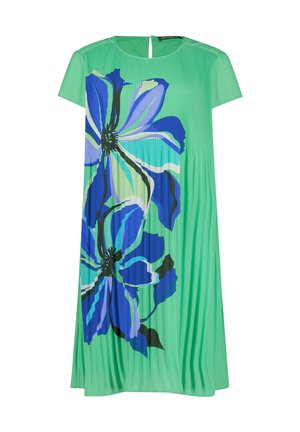 Robe verte à manches courtes avec texture plissée et grand imprimé floral bleu et violet sur le devant.