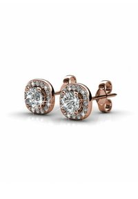 Orecchini a perno in oro rosa con una pietra centrale trasparente circondata da piccole pietre trasparenti, con una finitura lucida e liscia.
