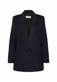 Námořnický kostkovaný blazer s klopovým límcem, dvouřadým zapínáním, dvěma předními kapsami a mírně oversized střihem. Měkká texturovaná tkanina.