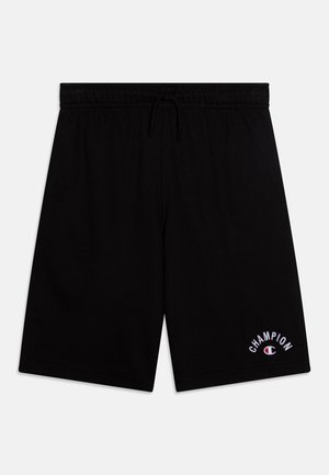 Shorts en coton noir avec une taille élastique et un cordon de serrage. Présente le logo "CHAMPION" brodé en blanc sur la jambe inférieure gauche.