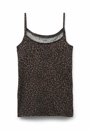 Brown tank top with leopard print. Thin straps, scoop neckline, soft fabric. Curved hem, no visible fasteners or embellishments.