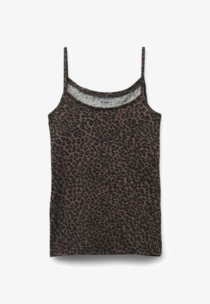 Brown tank top with leopard print. Thin straps, scoop neckline, soft fabric. Curved hem, no visible fasteners or embellishments.