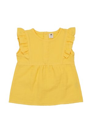 Gelbes ärmelloses Kleinkindkleid mit rundem Ausschnitt und gerafften Schulterdetails, aus weichem Stoff gefertigt.