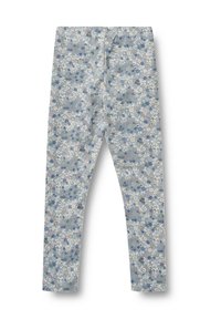 Eng anliegende Leggings mit einem dichten Blumenmuster in Blau-, Weiß- und Grautönen auf hellem Hintergrund.