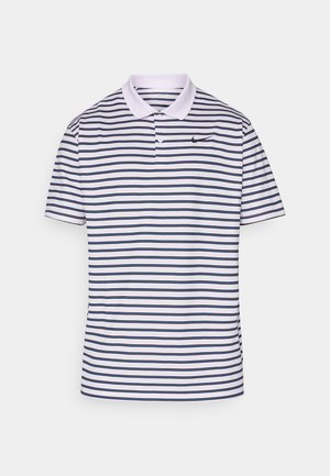 Polo a righe bianco e navy, realizzato in misto cotone. Presenta un colletto, due bottoni e un piccolo logo Nike nero sul petto.