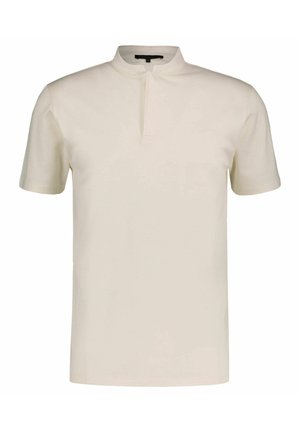 Kurzarm-Polohemd in Creme, aus weichem Stoff, mit einem kleinen Stehkragen und einer Vorderleiste mit zwei Knöpfen. Glatte Textur.