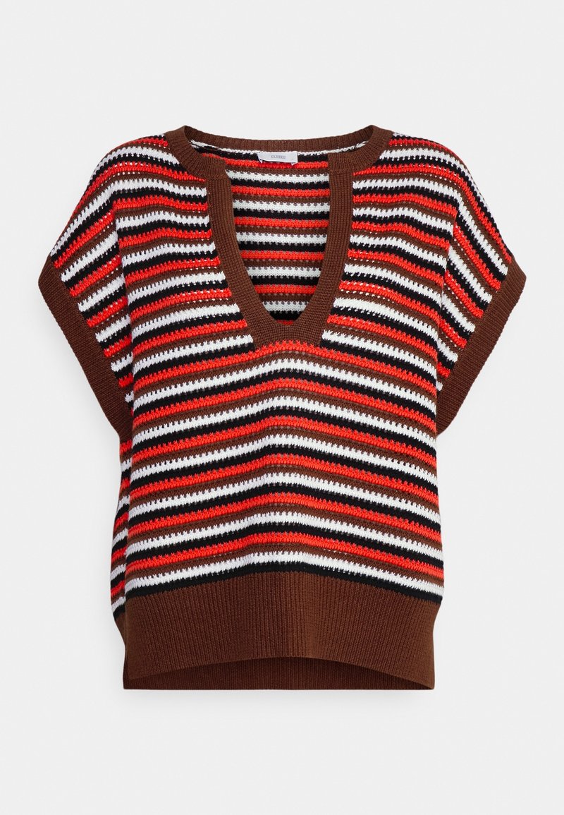 Gilet tricoté sans manches avec un col en V profond, présentant des rayures horizontales en marron, rouge, blanc et noir, avec des bords côtelés marron.