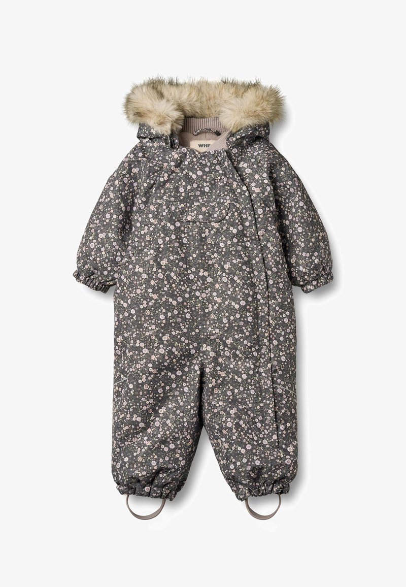 Donkergrijs sneeuwpak met bloemenpatroon, voorzien van een capuchon met bontvoering, elastische manchetten en pijplussen om schoeisel vast te zetten. Heeft een borstzak.