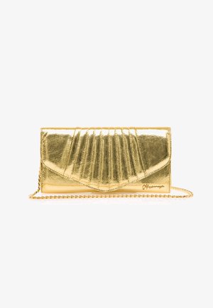 Borsa a pochette dorata con design plissettato, texture metallica e tracolla a catena. Caratterizzata da una finitura liscia e linee pulite.