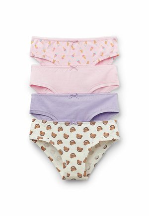 Vier Paare Baumwollslips in Pastellfarben: hellrosa mit Eismuster, einfarbig rosa, einfarbig lavendel und cremefarben mit Bärenmotiven.
