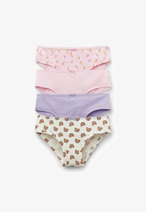 Vier Paare Baumwollslips in Pastellfarben: hellrosa mit Eismuster, einfarbig rosa, einfarbig lavendel und cremefarben mit Bärenmotiven.