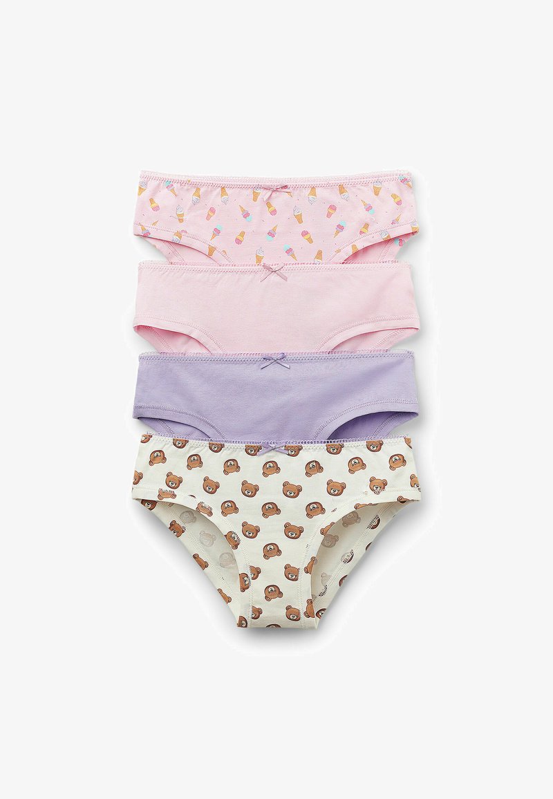 Vier Paare Baumwollslips in Pastellfarben: hellrosa mit Eismuster, einfarbig rosa, einfarbig lavendel und cremefarben mit Bärenmotiven.