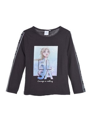 Schwarz langärmliges T-Shirt mit einem grafischen Druck eines Charakters, dem Text "ELSA" und "Courage is calling" in Weiß. Seitliche Streifen mit Text.