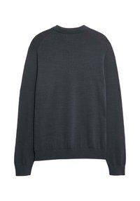 Donkergrijze lange mouwen pullover sweater met een ronde hals, ribgebreide manchetten en zoom. Gladde textuur, gebreide stof en raglanmouwontwerp.