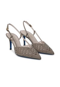 Gray leather slingback heels with cut-out pattern, pointed toe, and blue heel accent. Features slender ankle straps with gold hardware.