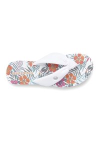 Flip-flop with white straps and a floral pattern featuring orange, pink, and teal flowers on a light background. Brand logo: Venice Beach.