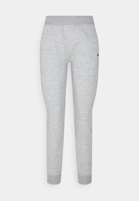 Szare dresy z miękką fakturą, elastycznym pasem i mankietami. Zawierają małe logo na udzie. Zwężane nogawki dla dopasowanego wyglądu.