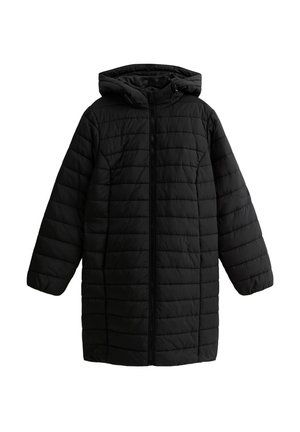 Black padded coat with a hood; features a full front zip and quilted texture; oversized fit with long sleeves and no visible embellishments.