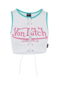 Hvit avkortet tanktop med turkise detaljer, som har en rosa grafisk logo og snøredetaljer foran. Laget av stretchy stoff.