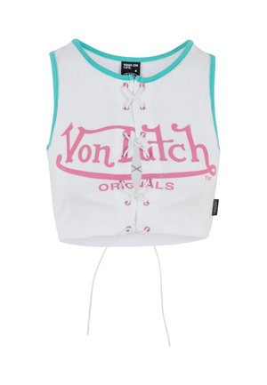 Hvit avkortet tanktop med turkise detaljer, som har en rosa grafisk logo og snøredetaljer foran. Laget av stretchy stoff.