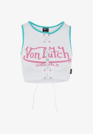 Bijela skraćena majica bez rukava s tirkiznim detaljima, s ružičastim grafičkim logotipom i vezanjem sprijeda. Izrađena od rastezljivog materijala.