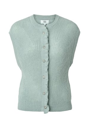 Gilet sans manches tricoté bleu clair avec encolure ronde et six boutons décoratifs en cristal sur le devant.