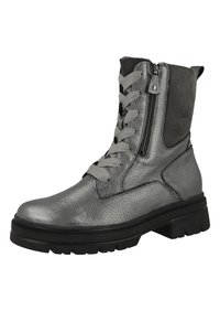 Stivale alla caviglia in pelle grigia con accenti in suede, zip frontale e lacci grigi. Presenta una suola in gomma nera robusta per una migliore aderenza.