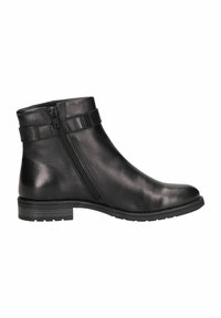 Botte à cheville en cuir noir avec texture lisse, fermeture éclair sur le côté et semelle en caoutchouc plate. Présente un design épuré avec un accent de sangle minimal.