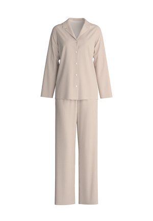 Set di pigiama a scacchi marroni e beige composto da una camicia a maniche lunghe con bottoni e pantaloni coordinati, realizzato in tessuto morbido con una vestibilità rilassata.